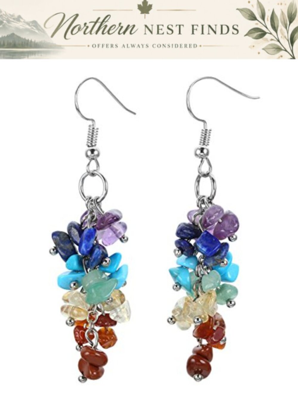 Natural Gemstone Chip Dangle Earrings Copper Wire Women Healing